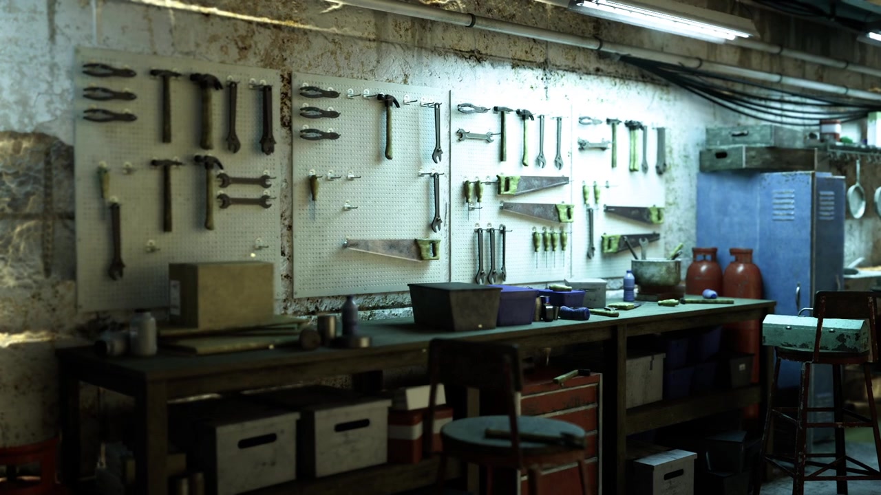 Structured work environment with labeled instruments and bright lighting