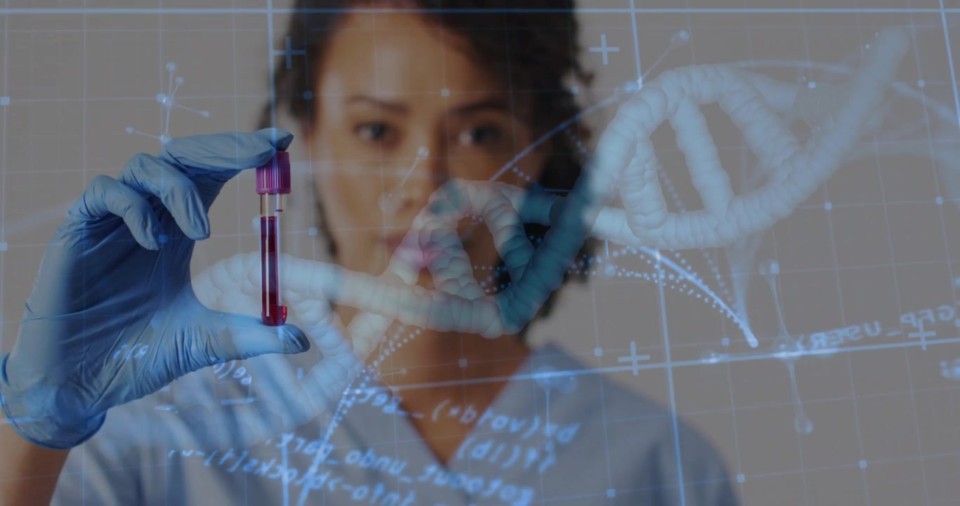 Un tecnico di laboratorio entra nell'inquadratura con una provetta di sangue, ruotandola e ispezionandola mentre un'elica di DNA si estende per l'analisi