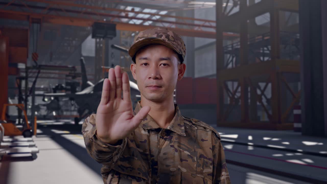 Soldado sério em uniforme camuflado fazendo gesto de pare
