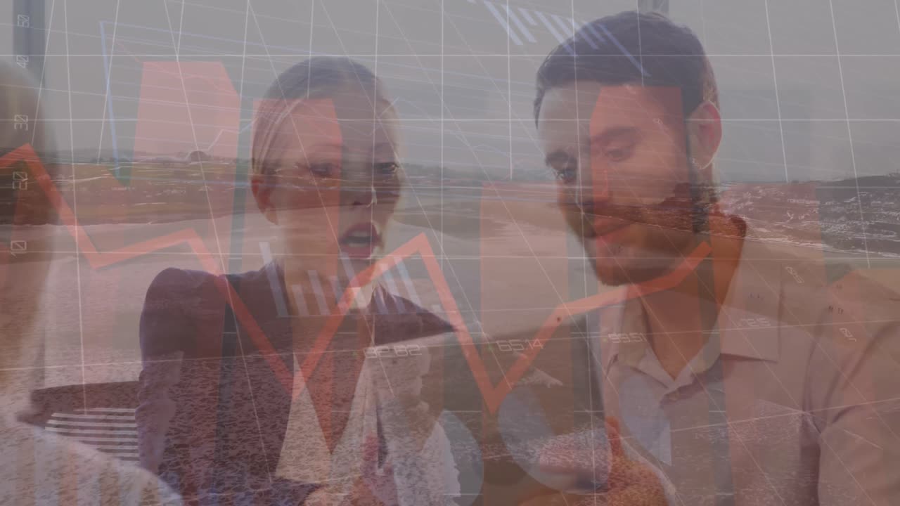 Animation of multiple graphs and caucasian coworkers discussing over tablet against river