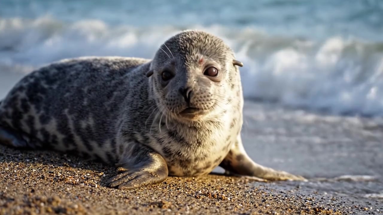 Una Foca Serena si Crogiola sulla Riva Sabbiosa, Circondata da Dolci Onde e un Tranquillo Paesaggio Marino, Godendosi il Calore del Sole in Questo Pittoresco Scenario Costiero.