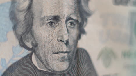 visión macro de andrew jackson en un billete de veinte dólares - concepto: centrarse en el dinero, el materialismo, el capitalismo, la codicia, américa, mercado de valores, tanque, buceo, toro, oso, sistema federal, padres fundadores