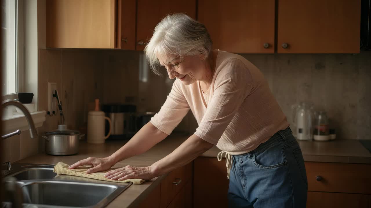 Panno giallo pressato, donna anziana con top rosa e jeans che pulisce il ripiano della cucina verso il rubinetto