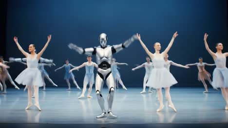 a captivating fusion of robotics and ballet: a dazzling performance featuring a dancing robot harmoniously integrated with graceful dancers in elegant costumes