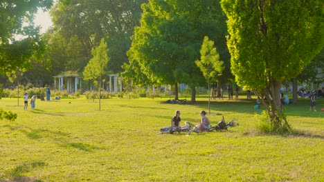 people picnicking on the grass in the large city park of the golden head, lyon, france.