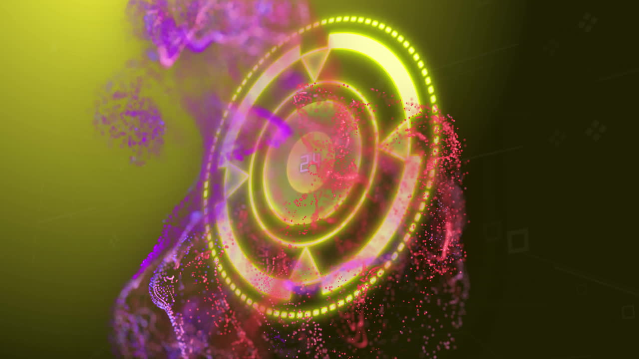 interfaz digital circular con flechas brillantes y animación de partículas