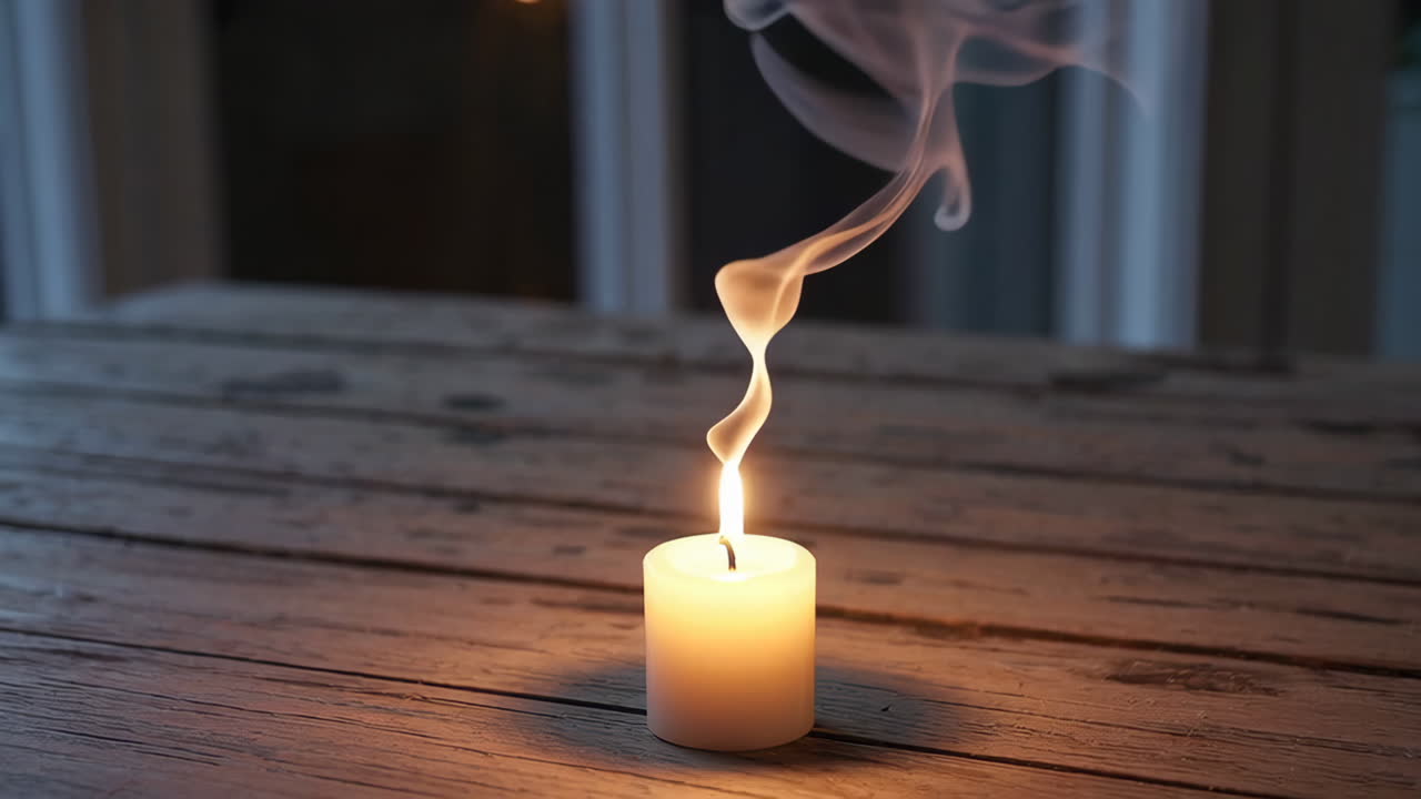 Burning Candle on Wooden Table