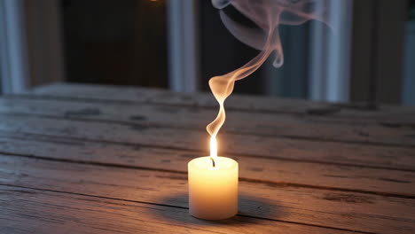 burning candle on wooden table