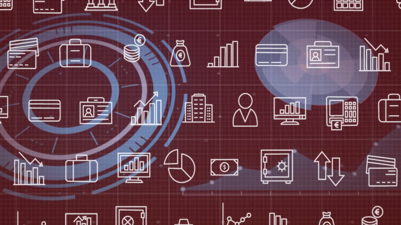 animación de iconos financieros y de seguridad sobre fondo de cuadrícula roja