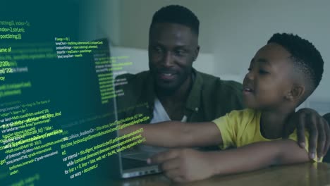 animation of data processing over happy african american father and son using laptop
