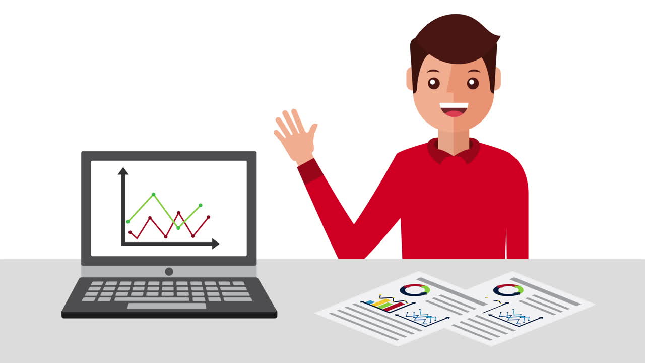 man with laptop and statistics