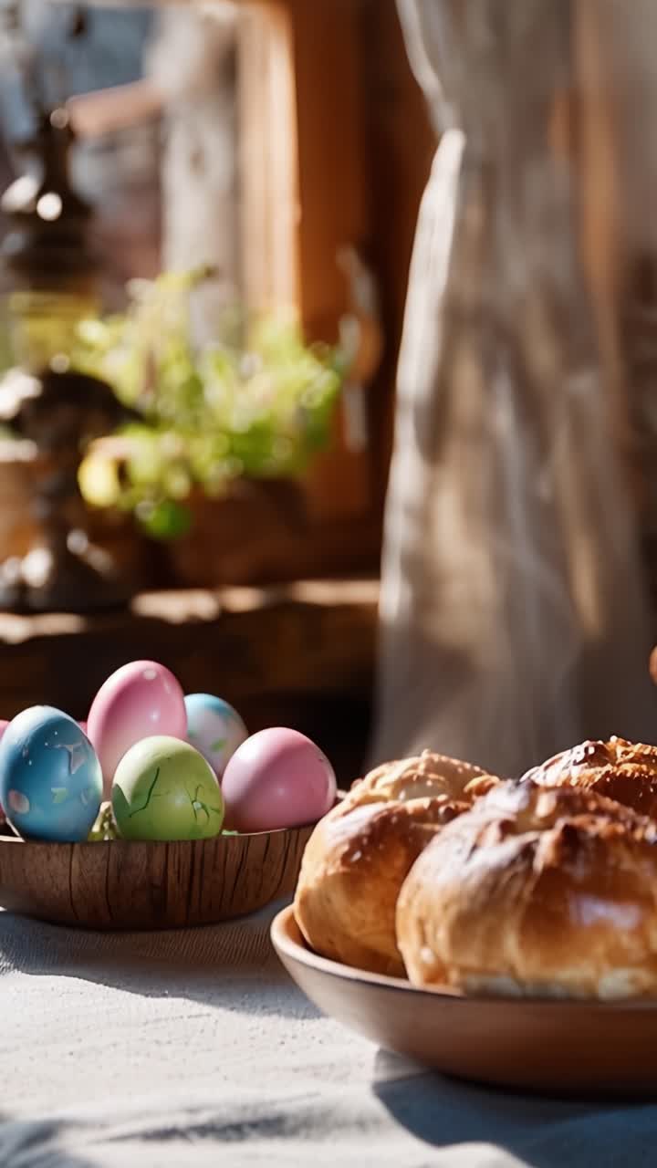 A Cozy Spring Morning with Colorful Eggs and Freshly Baked Sweet Buns on a Table Reflecting the Warmth and Joy of Seasonal Celebrations