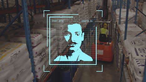 animation of data processing with portraits over worker using lift truck in warehouse