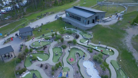 Aerial-Shot-of-Mini-Golf-Course-at-Isaberg-Mountain-Resort-in-Sweden