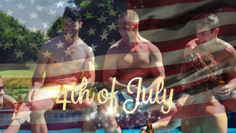 Group-of-friends-in-a-pool-and-the-American-flag-for-fourth-of-July