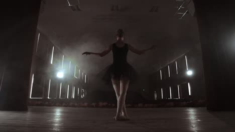 slow motion: prima ballet on stage rehearsing performance in the dark light of the contra. the lights from the hall.