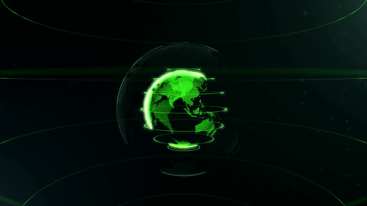 Futuristic sphere of dots. Globalization interface. Sense of science and technology abstract graphics. 3D rendering. Green loops are around sphere. 4K.