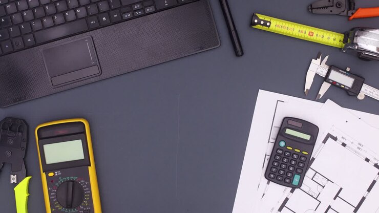 Frame for title or text appear on work table with architecture plans and construction tools. Stop motion