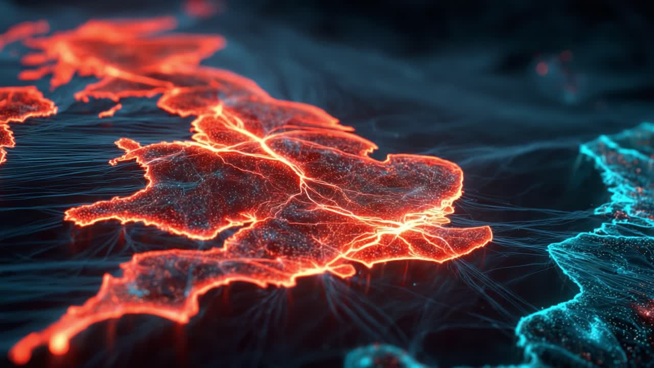 Visualizing Connectivity: A Stunning Representation of the United Kingdom with Neon-Infused Data Lines Illustrating Network Interactions Across Regions