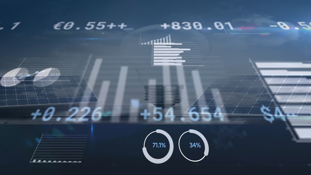 Animation of digital data and graphs overlaying solar panels and light bulb concept