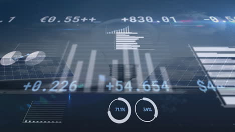 animation of digital data and graphs overlaying solar panels and light bulb concept