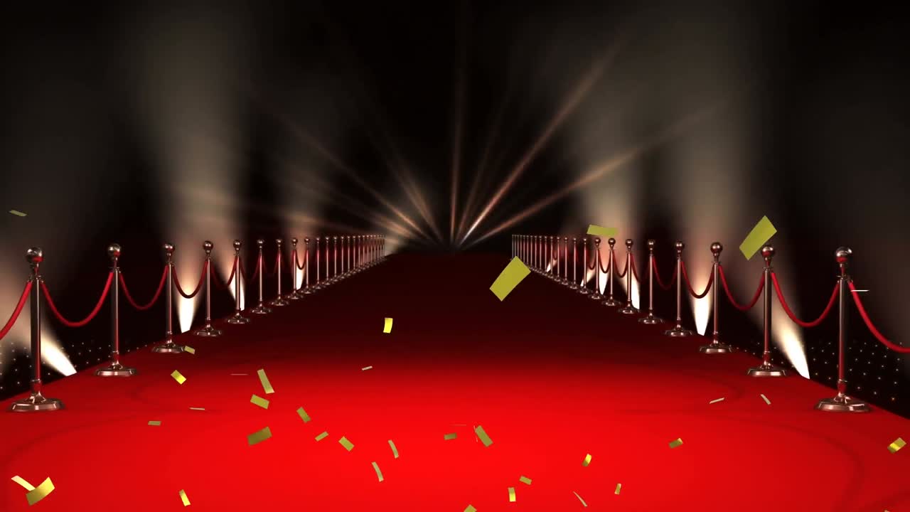 스포트라이트와 함께 빨간 카 ⁇  장소 위에 떨어지는 금 콘페티의 애니메이션