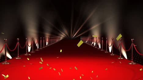 Animation-of-gold-confetti-falling-over-red-carpet-venue-with-spotlights