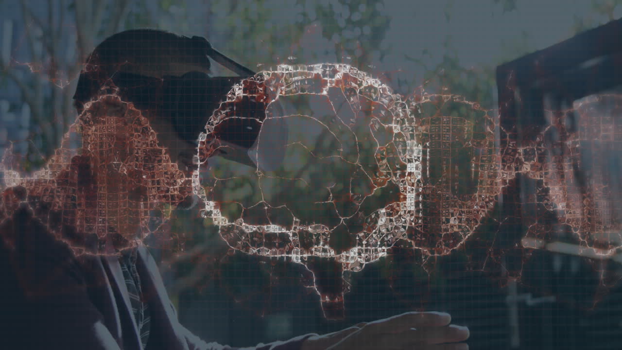 Animation of human brain spinning and data processing over man wearing vr headset