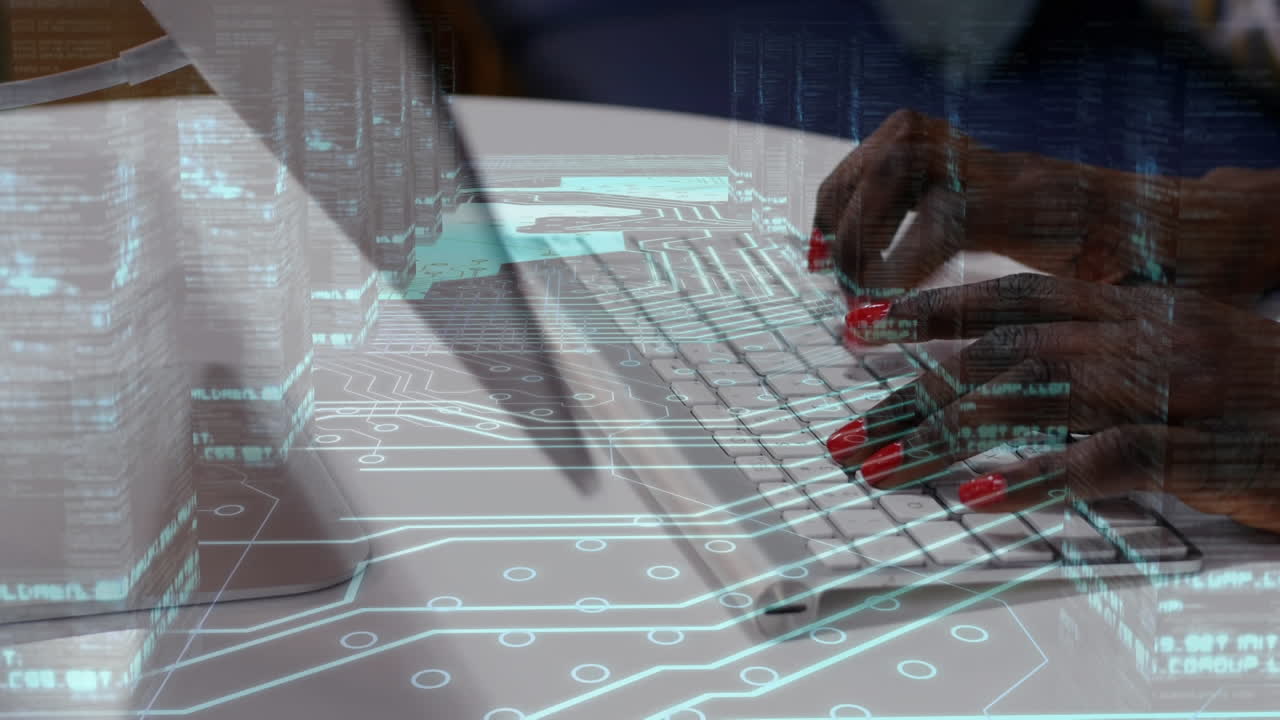 Animation of computer circuit board over african american woman using computer keyboard