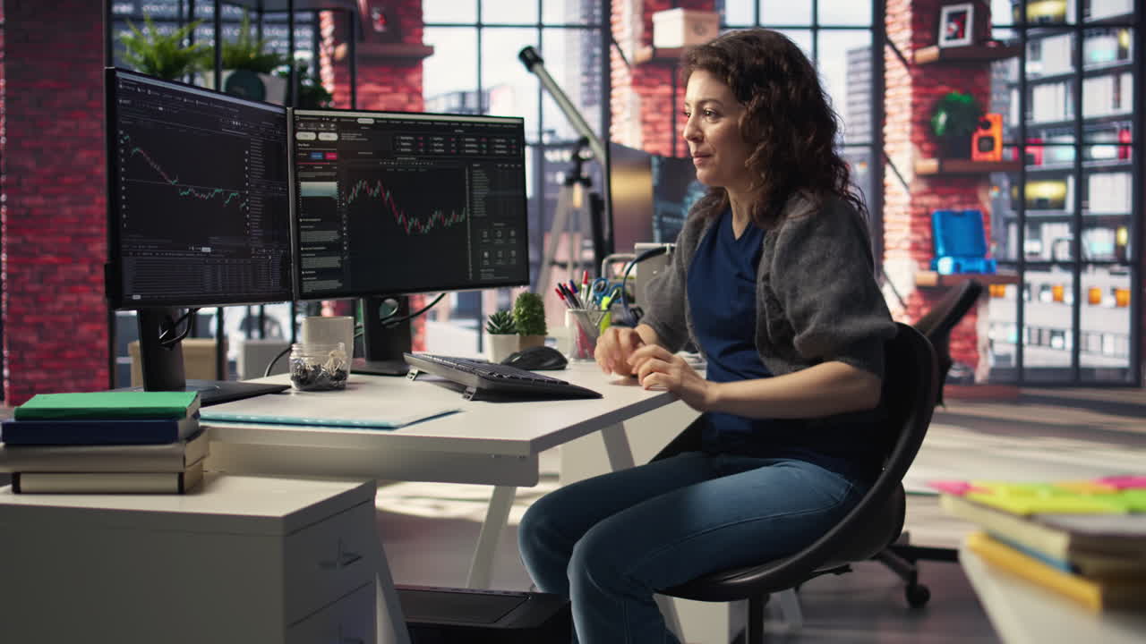 Pleased trader examines financial documentation on PC and being happy