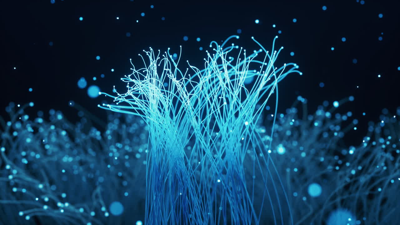 Glowing particles and lines with black background, 3d rendering.