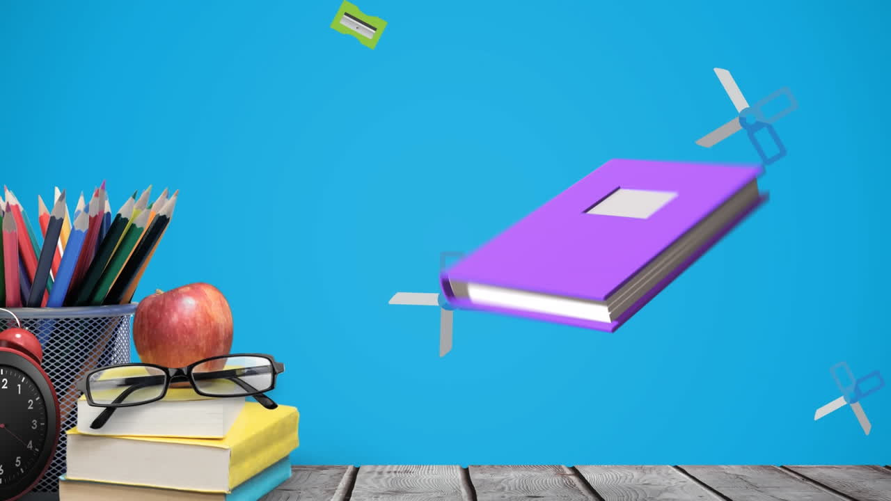 Animation of book moving and school items on blue background