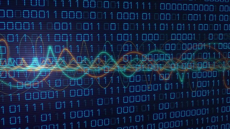Animation of binary coding data processing with glowing neon light trails