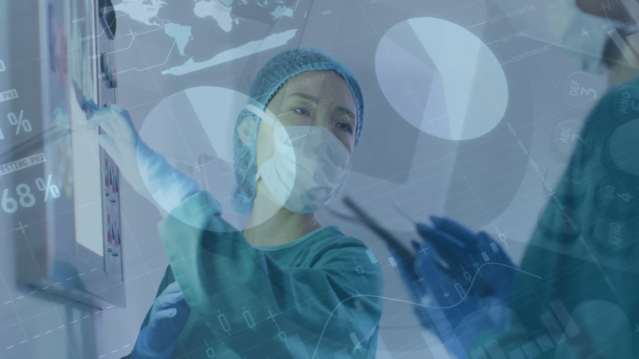 인포그래픽 인터페이스의 애니메이션, 안전 장비를 착용한 다양한 의사들이 환자 보고서를 논의합니다.