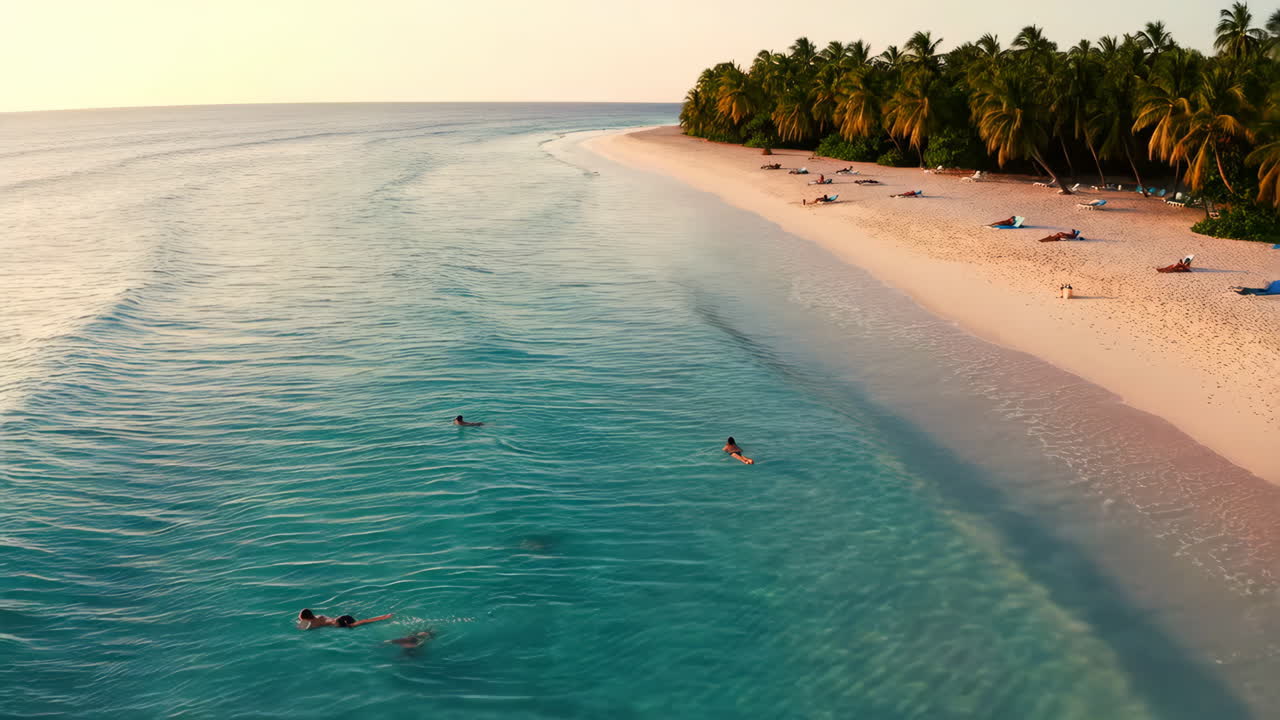 Tropical Beach Paradise with Swimmers and Sunbathers