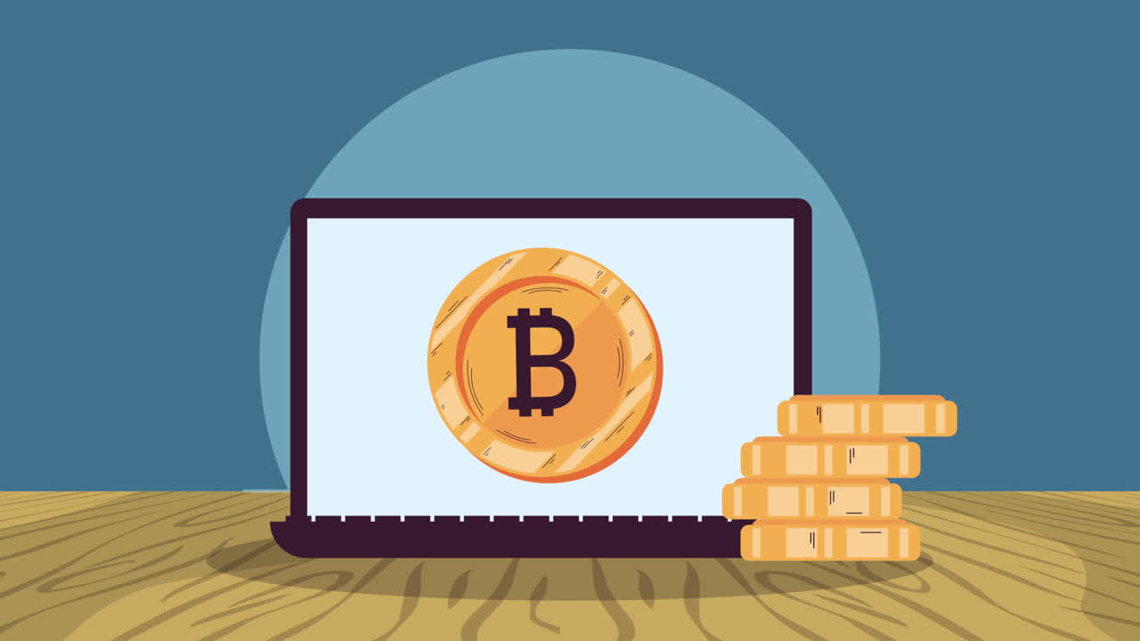 bitcoin en la animación de comercio electrónico de computadoras portátiles