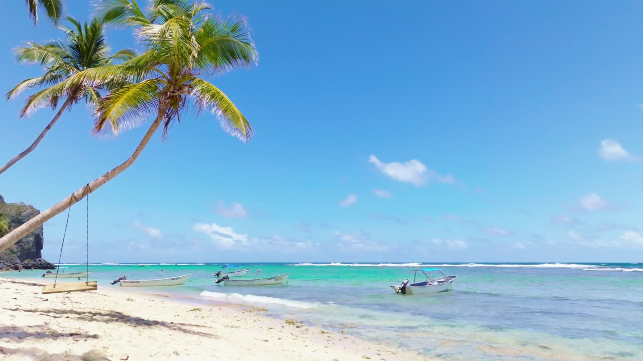 columpios colgando de palmeras con barcos en la playa durante el verano en playa fronton, samana, república dominicana