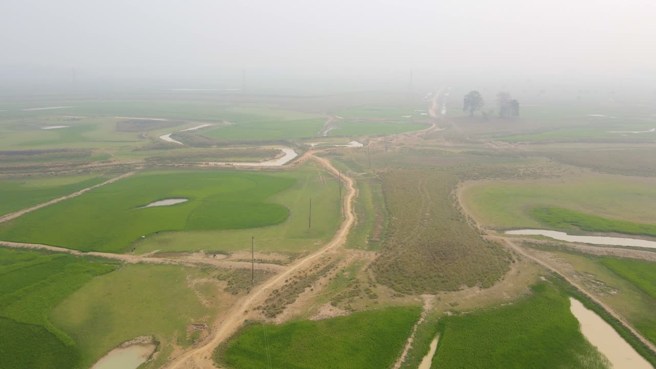 하나의 전선이 광활한 농지를 통해 극에서 극으로 이어져 시골 시골의 전기 공급 개념을 보여줍니다.