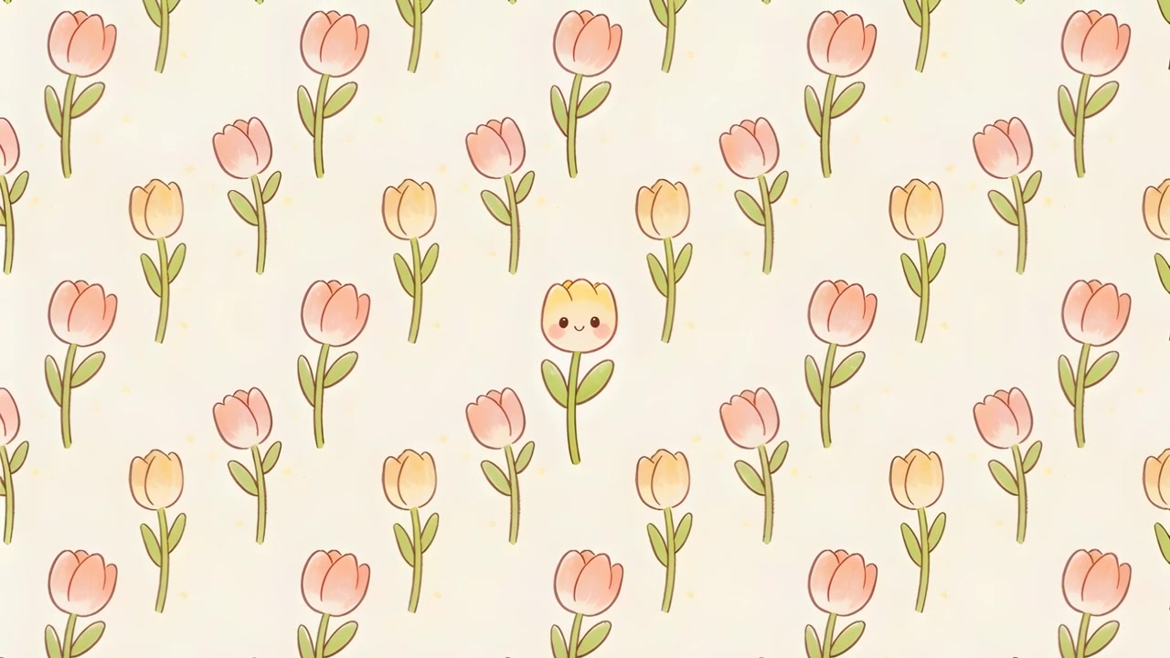 Loop starting central smiling tulip bobbing slightly in pale beige pattern, with pink peach flowers
