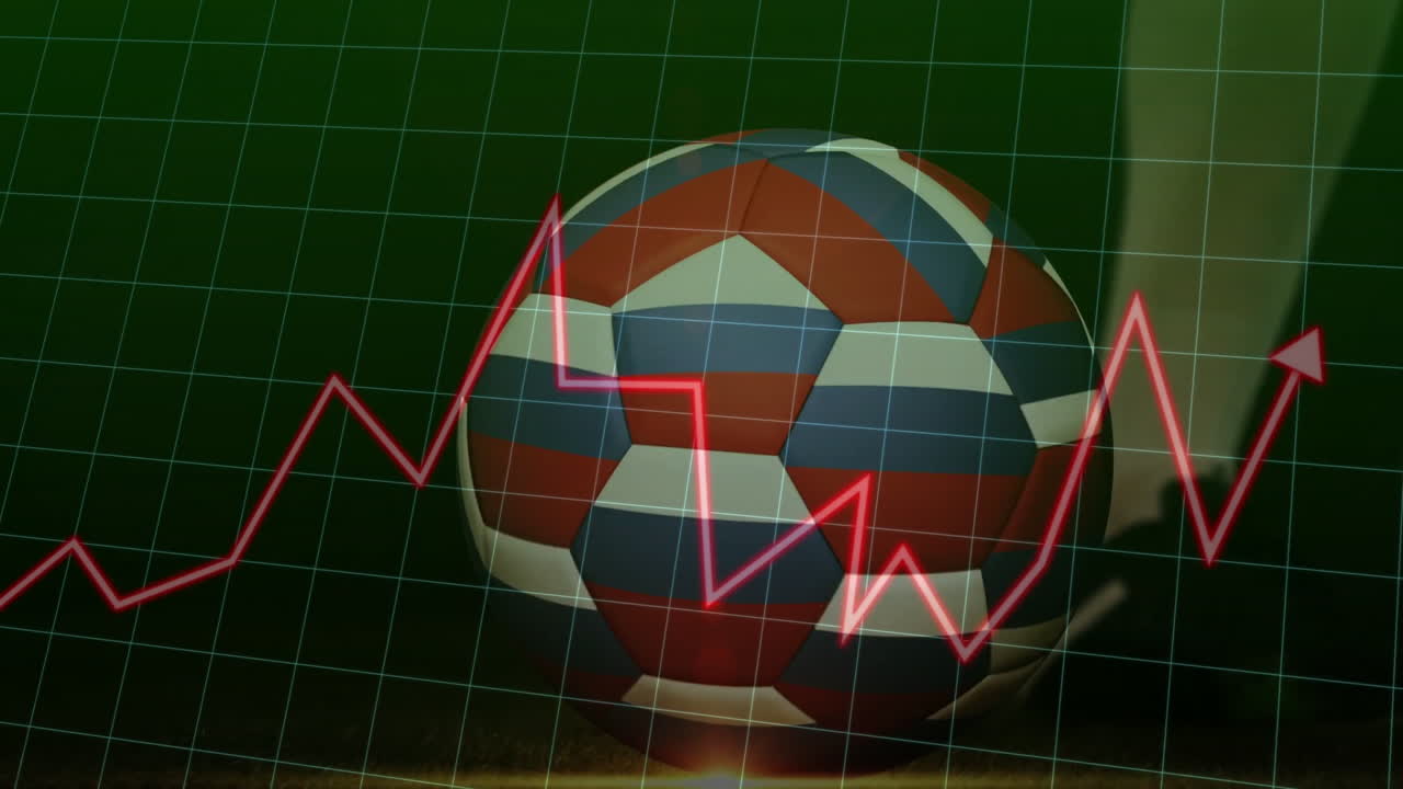Animation of soccer ball with fluctuating red graph line on green grid background