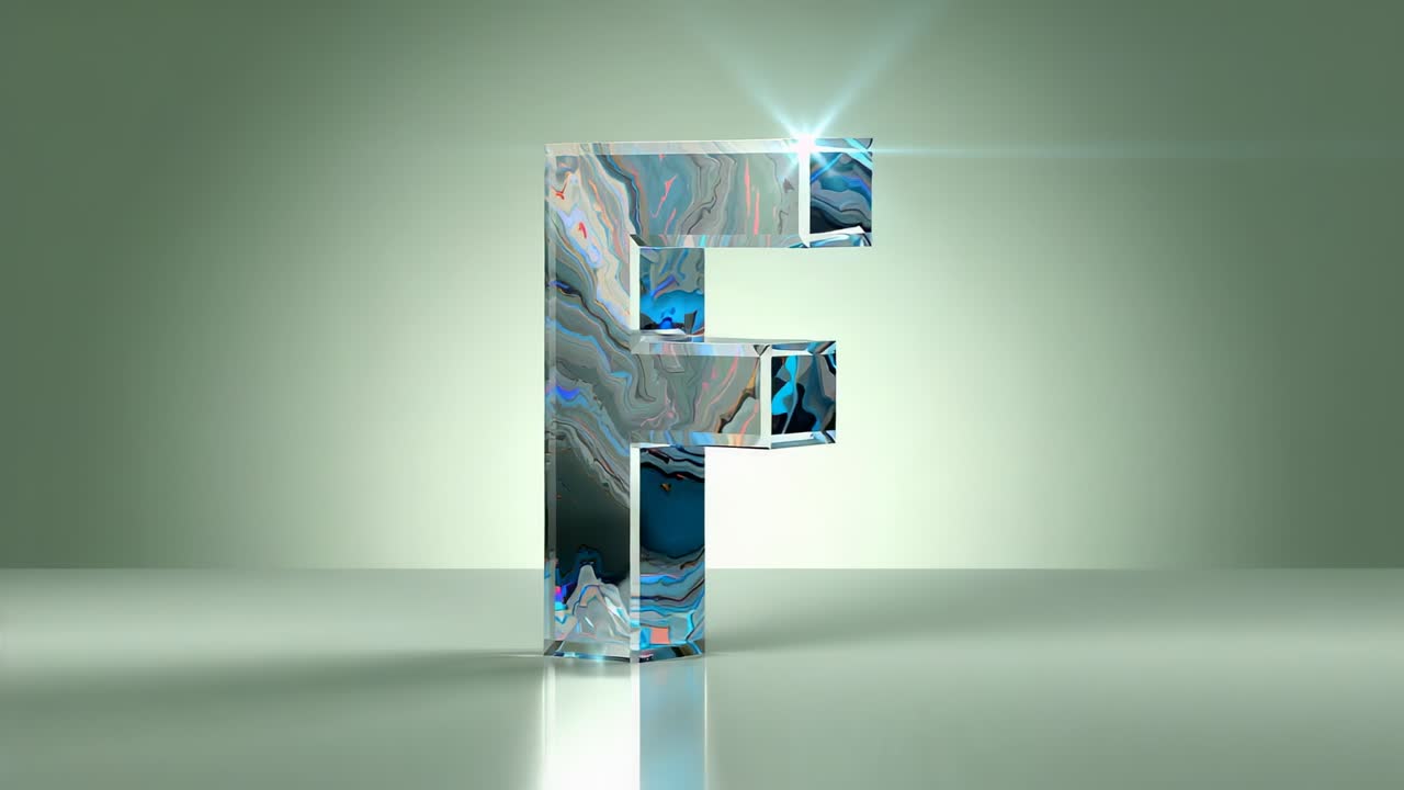 Gently tracking crystal-clear 3D letter F turning on glossy floor in studio, point-light sparkle