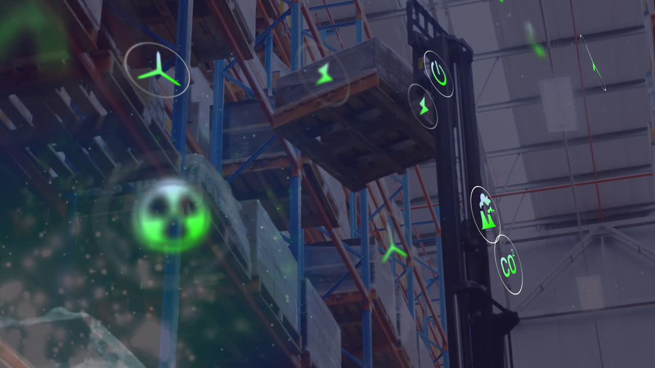 animación de los iconos ecológicos de procesamiento de datos en el almacén