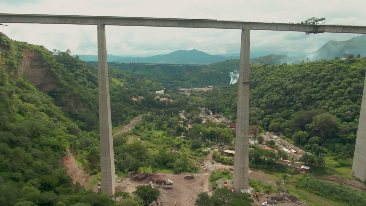 Drone footage backward flight under a bridge, retreating from town of Atenquique, Jalisco, Mexico
