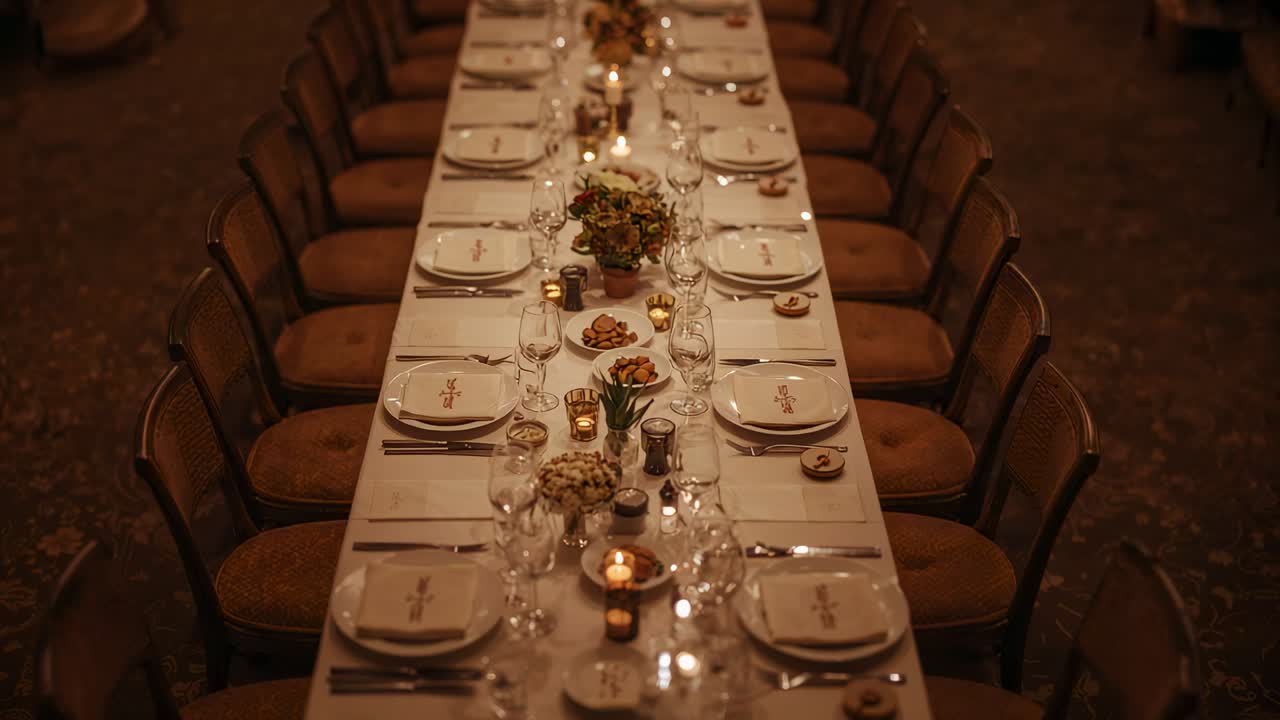Afastando a câmera para revelar uma longa mesa de jantar formal em um salão de banquetes, mostrando velas votivas acesas