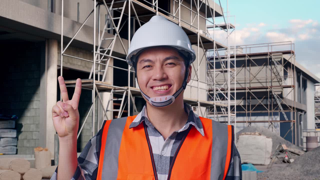 Close Up Of Asian Male Engineer With Safety Helmet Smiling And Showing Peace Gesture While Standing At Building & Construction Site in Progress to New House