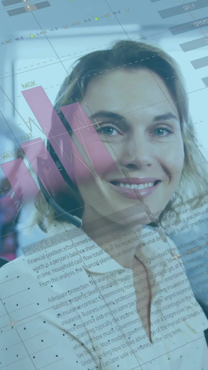 Animation of financial data processing over caucasian businesswoman in office