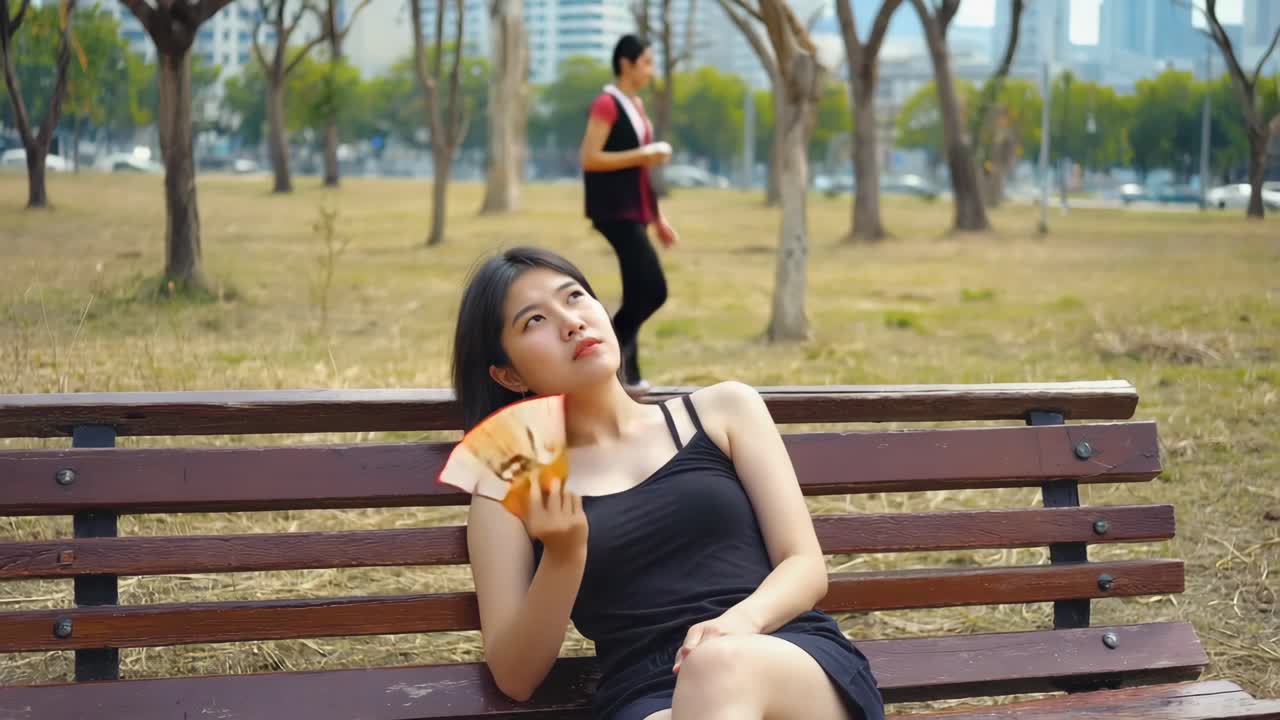 Woman relaxing on a bench in the park with a fan