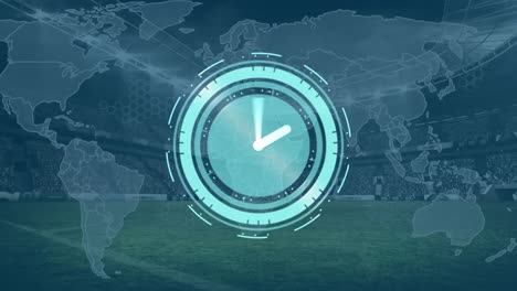 animation of clock moving fast over globe with numbers over and numbers