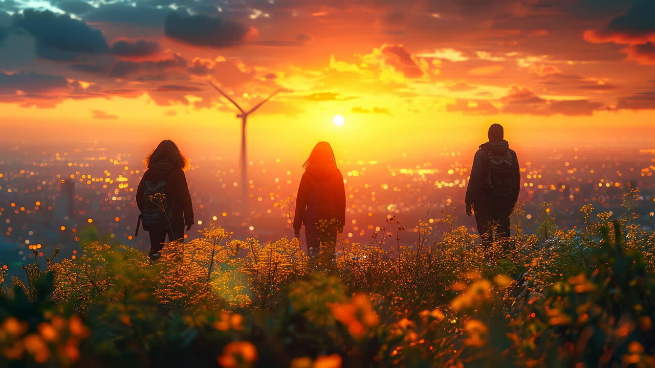 Folk står i blomster under solnedgangen. Tre personer ser solnedgangen over en by, omgivet af blomster og en vindmølle i nærheden
