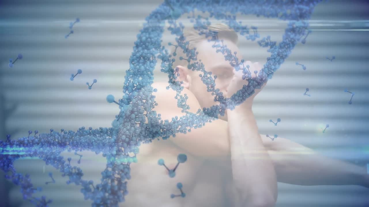 체육관에서 운동하는 근육질의 남자 위에 있는 dna 줄기의 애니메이션
